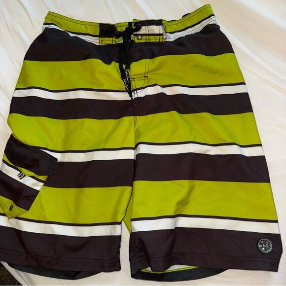 Maui & Sons Green and Black Striped Swim Shorts - Picture 1 of 4